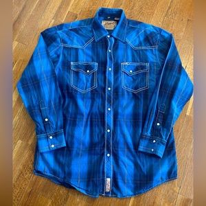 RAFTER C Cowboy Collection Western Shirt Blue Plaid Pearl Snap Button Up Men’s L